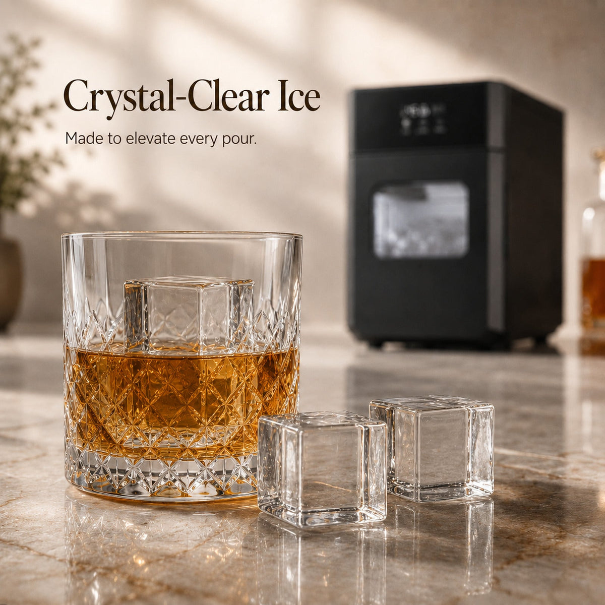 Large crystal-clear square ice cubes for whiskey and cocktails