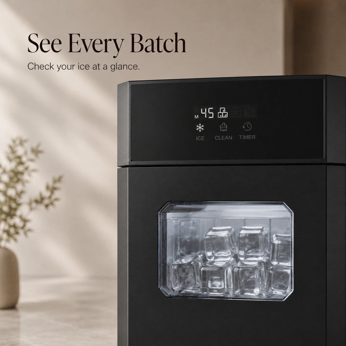 CrystalMax clear viewing window showing large square ice cubes