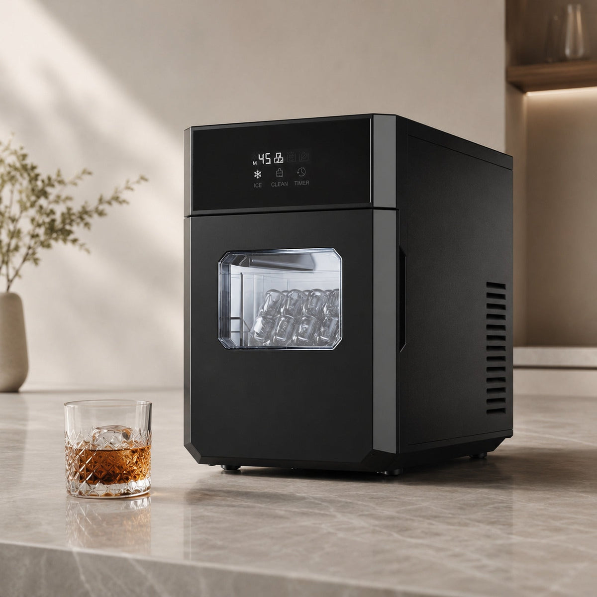 ICEMAGE CrystalMax premium countertop ice maker in a modern kitchen